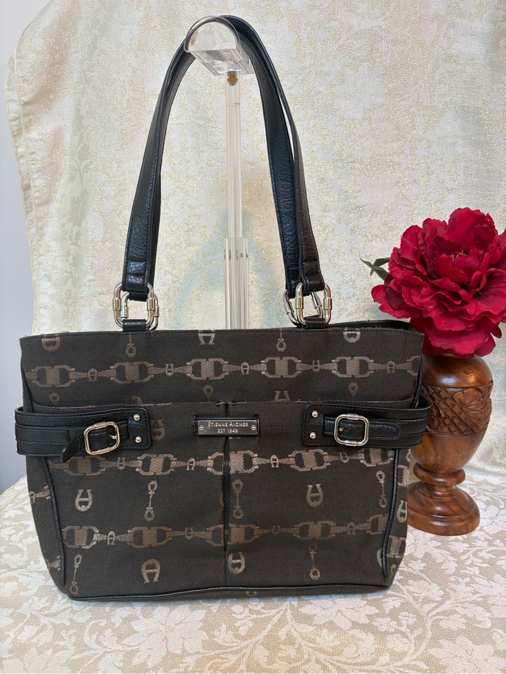 Etienne Aigner Black and Brown Signature Tote Style Handbag